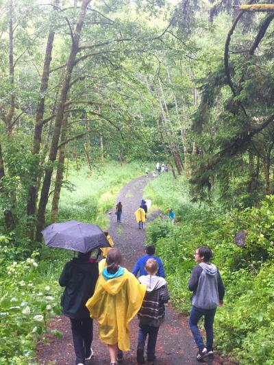 Students in rain gear walk down a wooded path