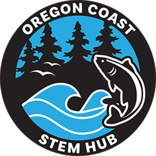 A circle logo showing a fish in front of waves and trees,