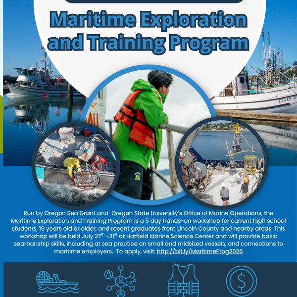 Flyer with student looking off the bow of the boat, scientists loading equipment on to a boat and a crab boat pulling pots
